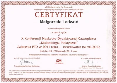 Certyfikat - Diabetologia Praktyczna, 2011.11.18-19