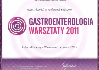 Certyfikat - Gastroenterologia Warsztaty, 2011.06.11
