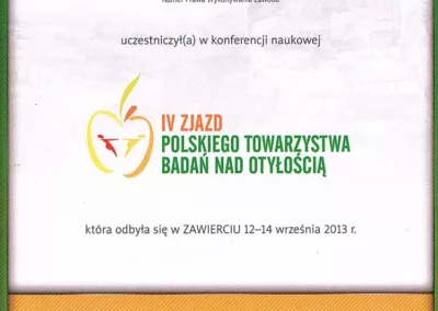 Certyfikat - IV Zjazd Polskiego Towarzystwa Badań Nad Otyłością, 2014.09.12-14