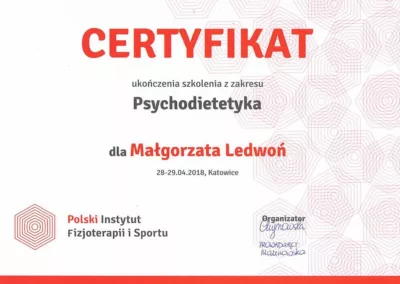 Certyfikat - Psychodietetyka Małgorzata Ledwoń