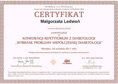 Certyfikat - Wybrane problemy Współczesnej Diabetologii, 2011.09.24