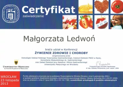 Certyfikat - Żywienie Zdrowie i Choroby, 2013.11.23