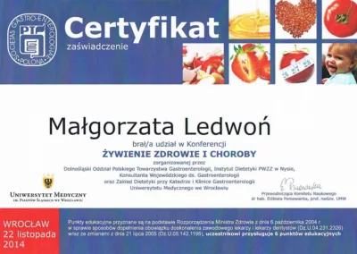 Certyfikat - żywienie zdrowie i choroby 22.11.2014