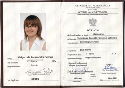 Małgorzata Ledwoń - dyplom ukończenia studiów mgr inż